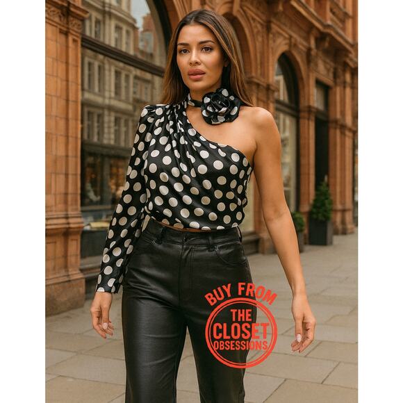 MANGO Asymmetrical Polka Dot Satin Blouse ✨🖤🤍 NWT - Picture 4 of 16